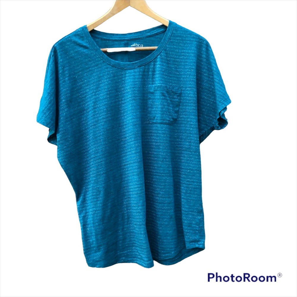 BCG Shirt Top Sz. Large Teal Metallic Silver Stripes Dadcore